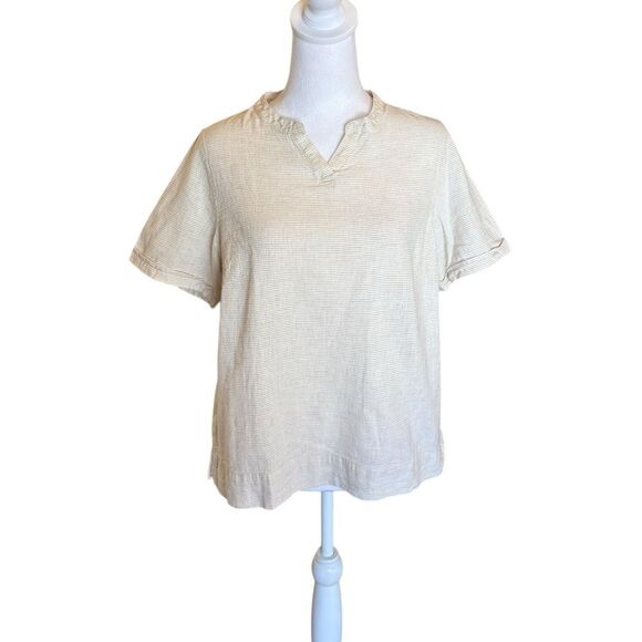 LL Bean Linen Cotton Blend Short Sleeve Top Womens Small White Beige Striped - Picture 1 of 9
